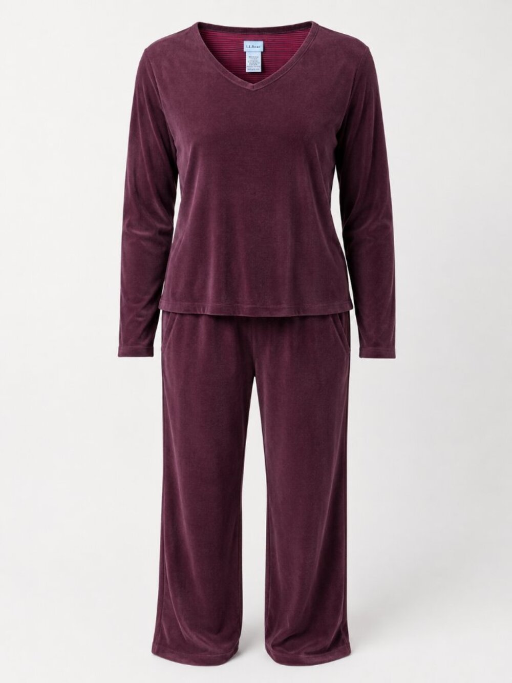 L.L.Bean Velour Lounge Set Women's XL Burgundy V Neck Pajama Set Soft Cozy 2 Pc